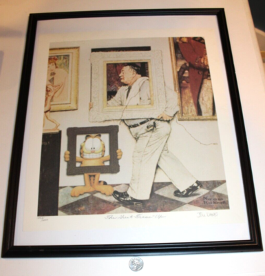 SIGNED Jim Davis Garfield Norman Rockwell Print Autograph Framed