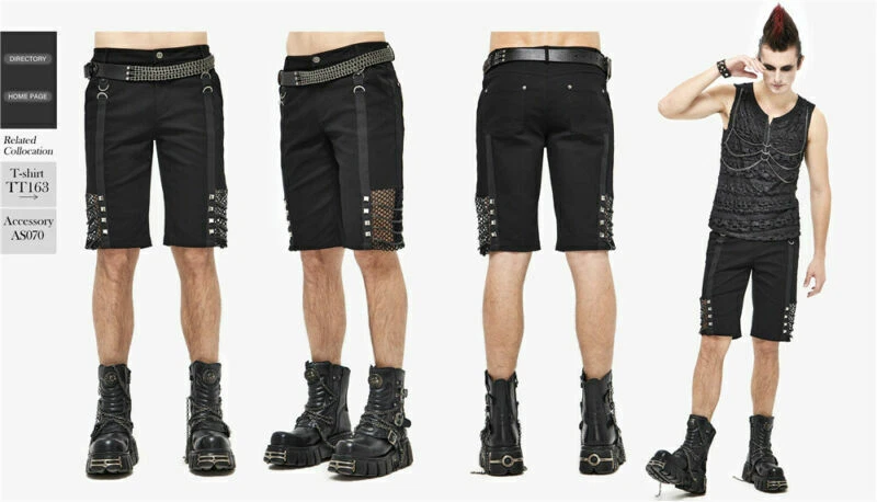 Men's Steampunk Short Pants Punk Style Mesh Decoration Casual Knee Loose Shorts