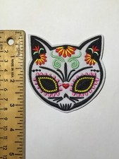 GATO CAT SUGAR SKULL FLORAL IRON ON PATCH Day of the Dead Dia de los muertos