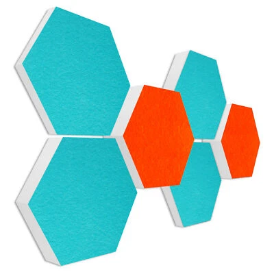 PLATINO24 Basotect ® G+ Schallabsorber 6 Elemente Honeycomb ORANGE & TÜRKIS / 3D-Set #054