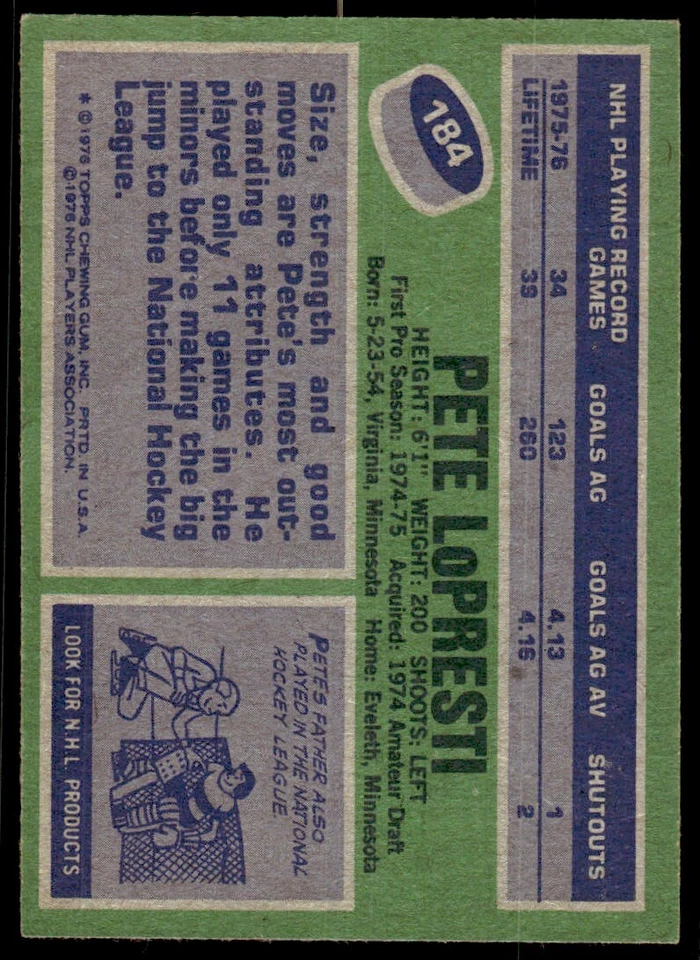1976-77 Topps Hockey Card Pete LoPresti Rookie Minnesota North Stars #184 - Image 2 of 2
