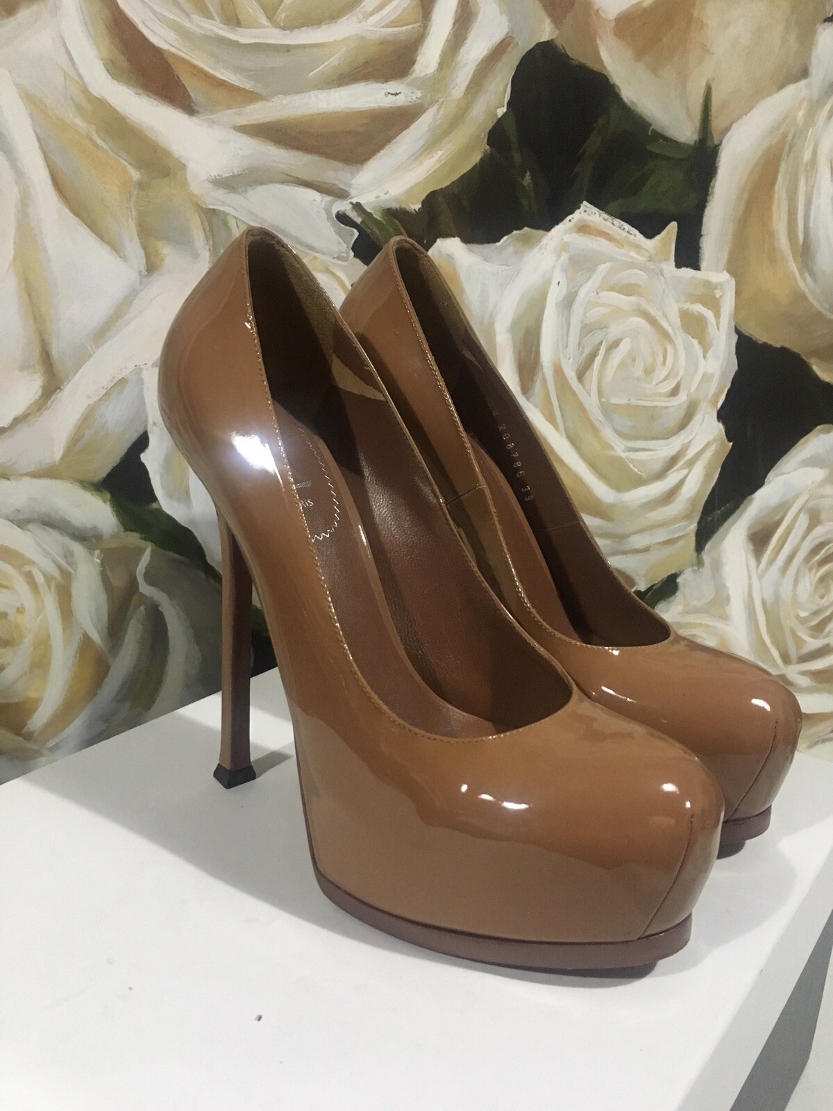 YSL Tribute Two Tan Patent Leather Heels Size EU 39-image