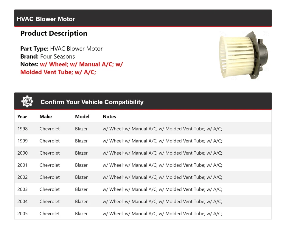 Motor soplador de climatización para Chevrolet Blazer 1998-2005 4 estaciones 1999 2000 2001 2002 Foto 2 de 4