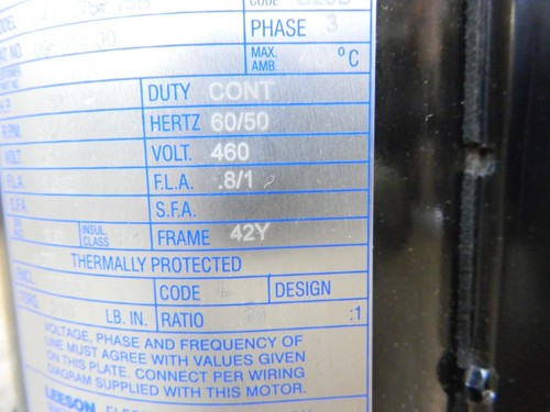LEESON C42T17FZ15B 20:1 3 Phase 1/3 HP 218 IN LBS 230/460 VAC - Picture 5 of 14