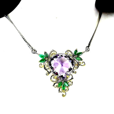 20+ Karat! LILA ROSA AMITRIN & SMARAGD HALSKETTE 925 STERLINGSILBER 14KWGP