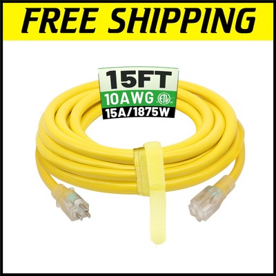 15 Ft Heavy-Duty Waterproof Extension Cord with LED Indicator for Outdoor Use
