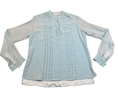 Per Se Carlisle Silk Blouse Women's Medium Light Blue Pleated Sheer Sleeve