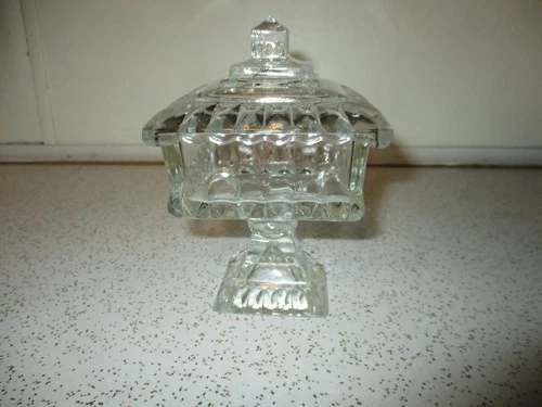 Vintage Jeanette Glass Clear Square Pedestal Covered Wedding Box Candy Dish