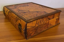 VINTAGE Faux Wooden Book-shaped Box with Map Design and Hook Closure