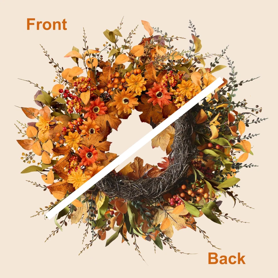 Artificial Fall Wreath 22 Inch Fall Wreaths for Front Door with Orange Berrie... - Image 2 of 4