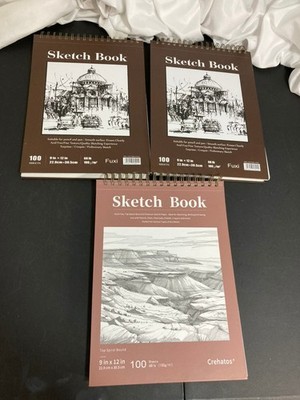 Lot of 3 - 9 x 12 100 sheet Sketch Books, Crehatos Fuxi Spiral Bound Sketch Pad
