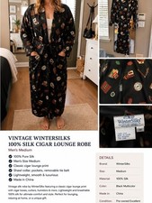 WinterSilks Vintage Black 100 Silk Long Robe with Cigar Print with belt