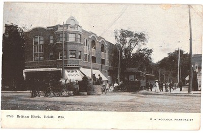 Beloit Wisconsin Brittan Block Burr Bros Pharmacy Street Scene Trolley Car
