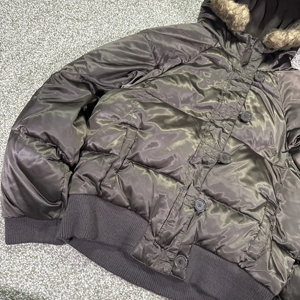 Chaqueta acolchada con capucha de piel sintética Y2K con capucha forrada de piel mediana 19x22 L marrón azul marino antiguo Foto 2 de 4