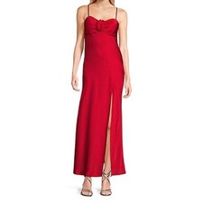 NEXT/UP Red Satin Formal Gown Women's 7/8 Spaghetti Strap Slit Maxi Dress Prom