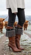 Women Gray Boot Topper Faux Suede Leather Fringe Winter Silver Flower Charm Pair