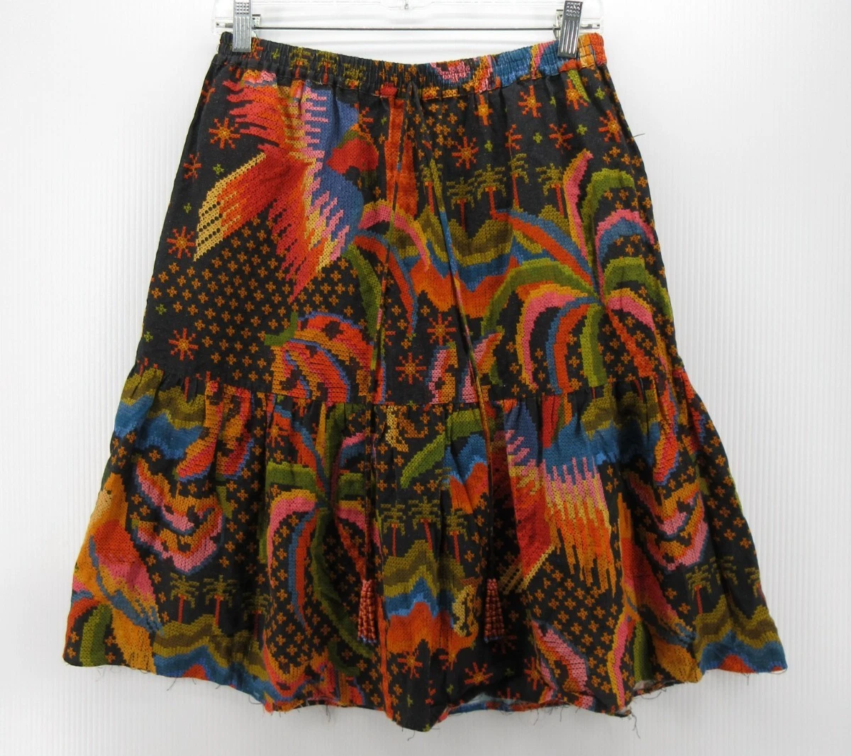 Farm Rio Skirt Women Large Orange Macaw Island Linen Blend A-Line Raw Hem Birds