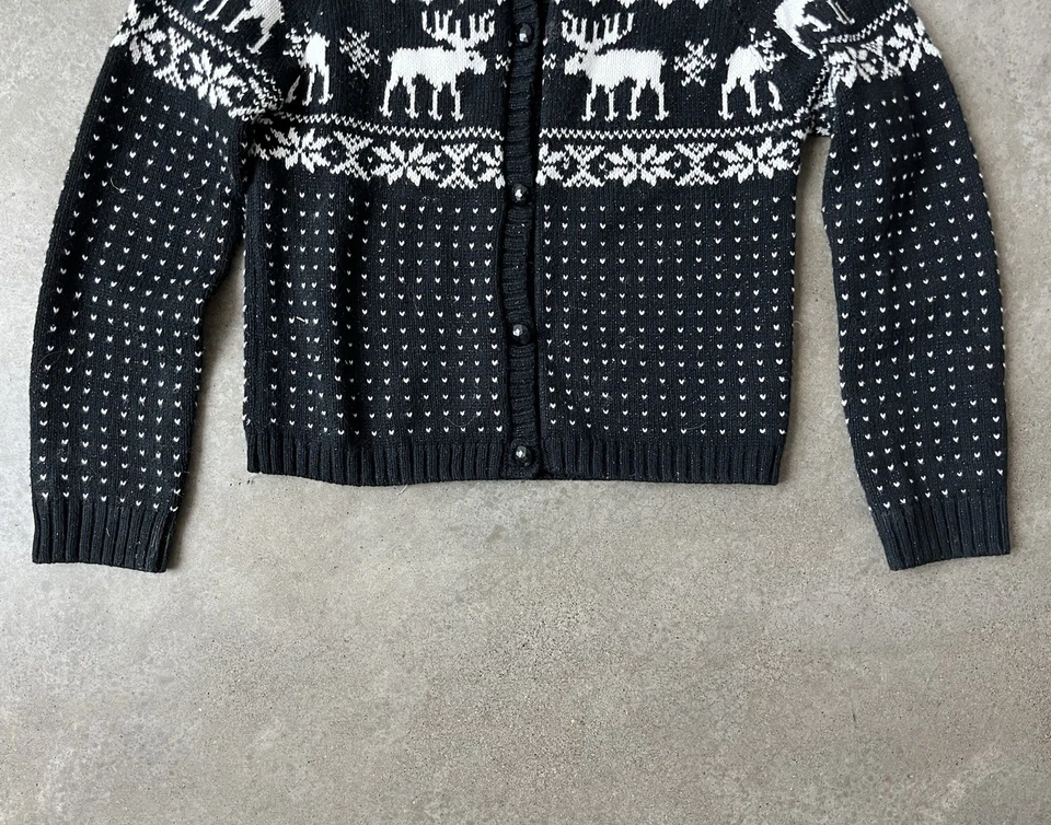 Girls Max Studio Kids 6y Button Up Knit Sweater Black Moose Snowflake Holiday - Image 2 of 4