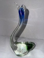 Murano Style Vintage Art Glass Swan Figurine. Clear w/ Blue And Green
