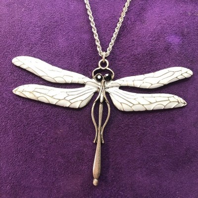 Dragonfly Enameled Necklace 3.75  Wide. 2 1/2   Long Silver Tone
