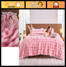 Cozy Pink Faux Fur King Comforter Set - Fluffy Thick Bubble Bed Set, 3 Pieces