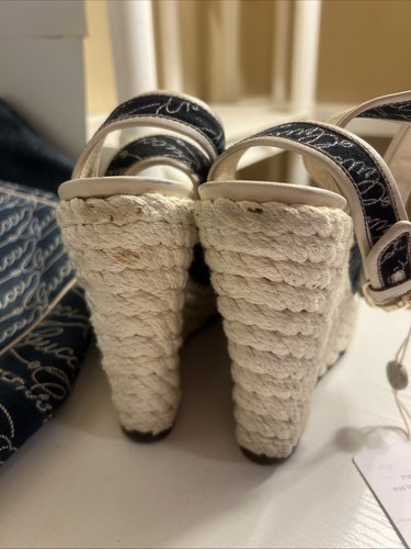 Gucci Platforms High Heel Wedge Sandals 8 Blue Denim Monogram & White Ankle Wrap - Picture 7 of 24