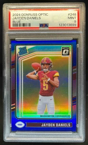2024 Donruss Optic Jayden Daniels Blue Rated Rookie #125/199 Commanders PSA 9