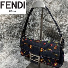 Borsa a tracolla FENDI Mamma Baguette Denim con perline floreali blu autentica