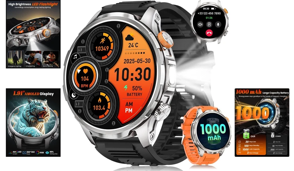 Smartwatch Herren Militär Fitness Tracker Herzfrequenz - Bild 2 von 4