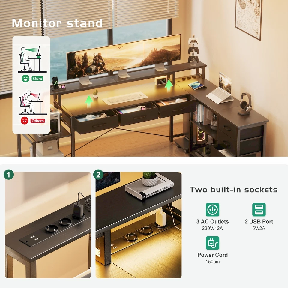 Coole RGB LED-Beleuchtung Eckschreibtisch L-förmiger  Gaming Tisch Computertisch - Bild 3 von 4