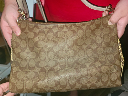 Coach Signature Logo Brown Shoulder Bag Zip Top Detachable Strap Burgundy