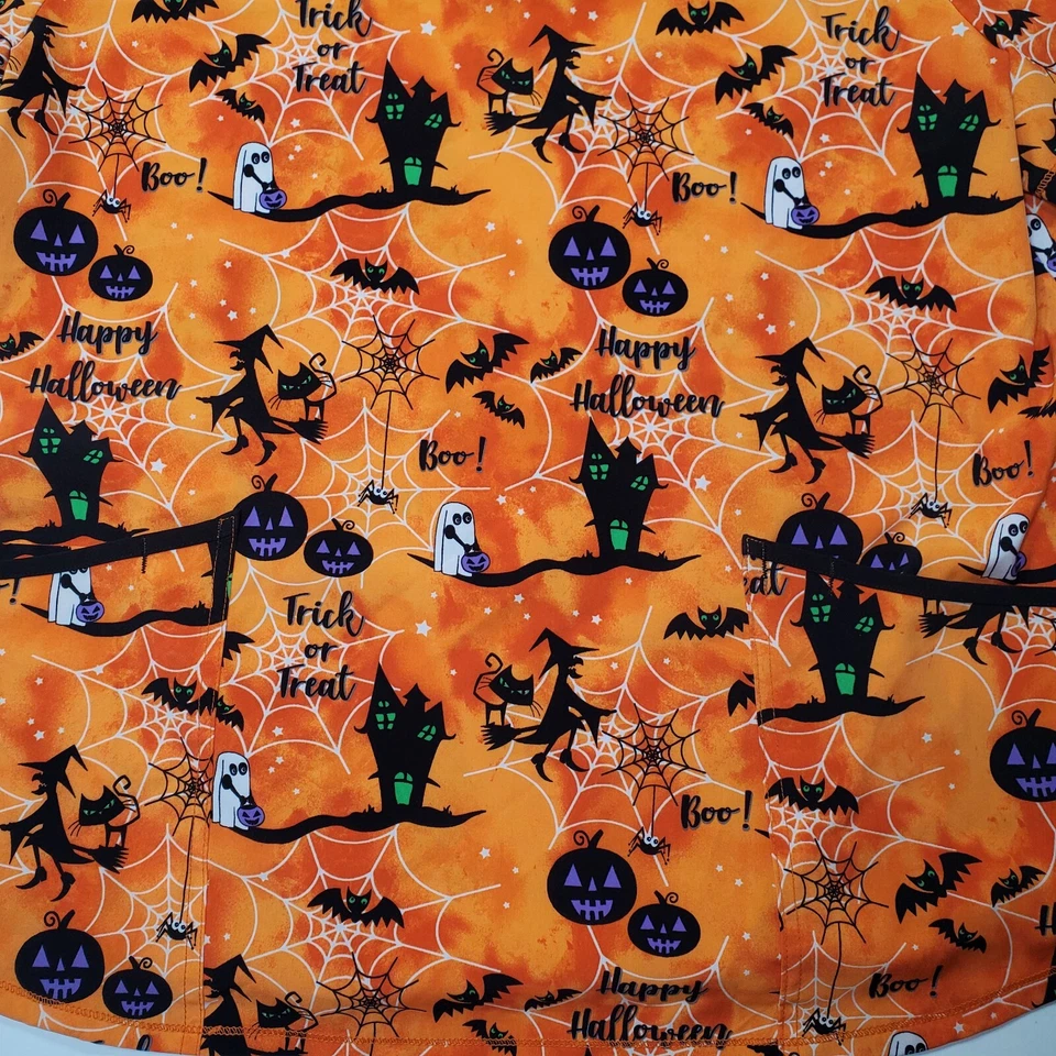 Women's Scrubstar Orange Halloween Witch Ghost Bat Scrub Top Shirt Medium - Image 3 of 4