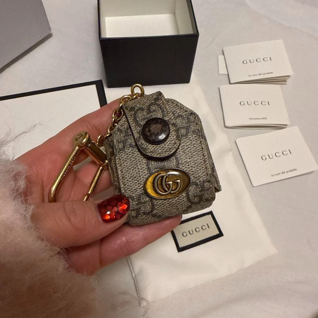 Porte clés étui Air Pods motif GUCCI GG cuir suprême marron or occasion