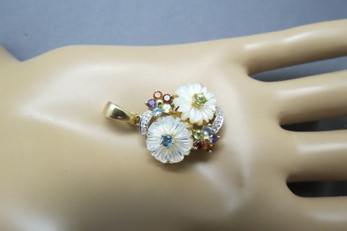 14k Pendant Diamond Multi Color Gemstones Yellow Gold MOP Carved Flower SBT 5.6g - Picture 9 of 12