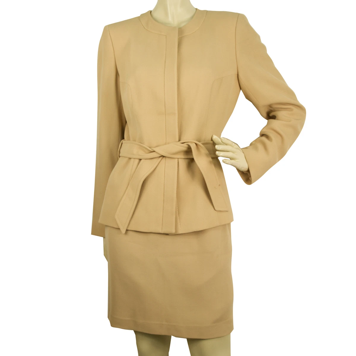 Celine Beige Wool Belted Collarless Jacket Mini Skirt Suit Set sz