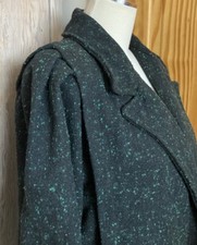 80s Vintage Double Breasted Coat Jacket Green Tweed MOD Ruched Sleeves EUC