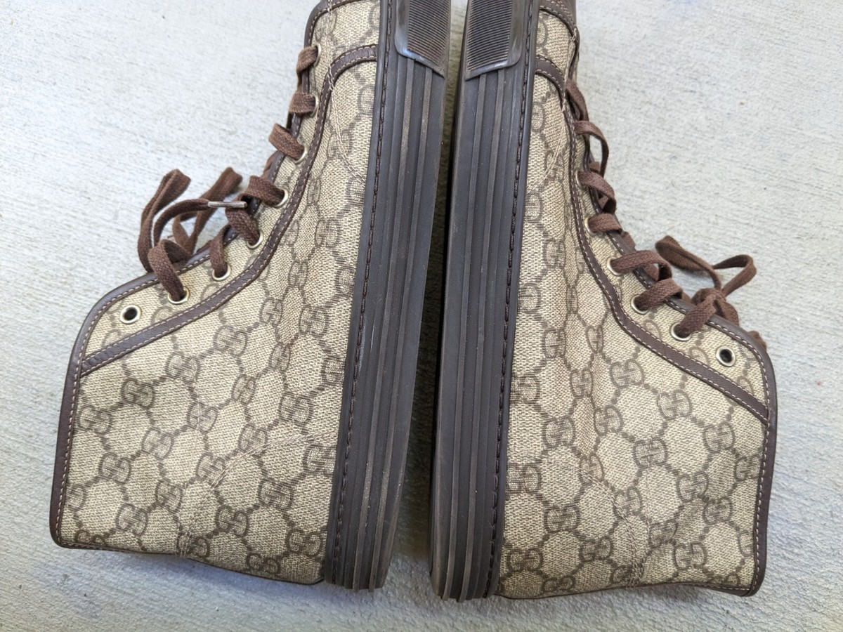 ゆ୨୧ Gucci Sneakers Brown Men 11 Leather Shoes Monogram Canvas