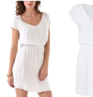 James Perse Women's Dress 3/L White V neck Elastic Waist Soft Gauzy Viscose #H