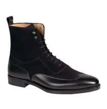 Men Fashion Black Color Wing Tip Ankle Boots, Suede And Leather Boot