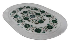 11"x16" White Marble Tray Malachite Inlay Floral Art Handmade Semi Precious Gift