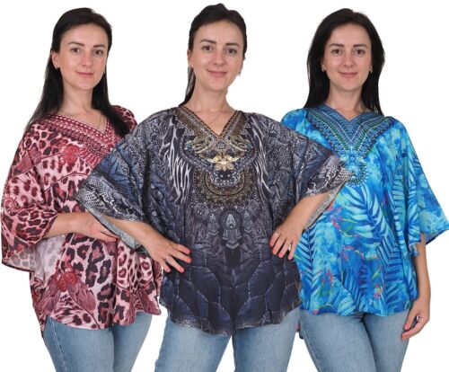 Damen Kaftan Tunika Top lose Passform Bluse Strandbekleidung Blumenmuster Tierdruck Einheitsgröße - Bild 1 von 46
