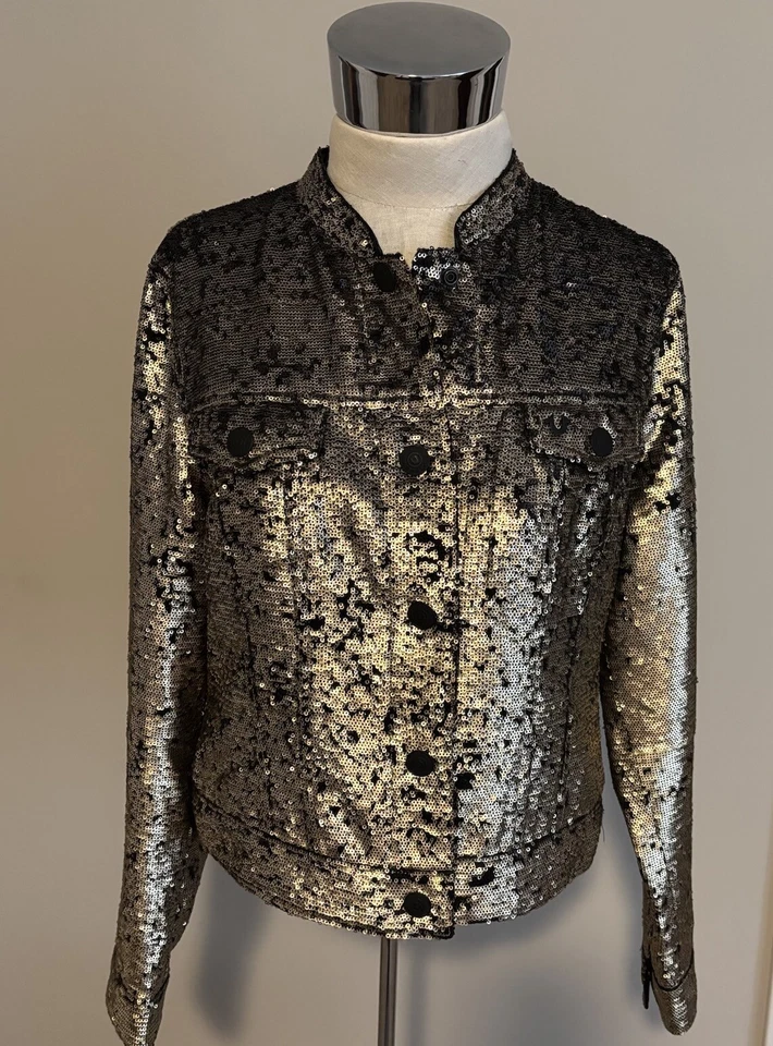 True Religion Sequin Jacket Gold Black Logo Women’s Large NWT - Image 2 of 4