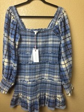 LoveShackFancy Smocked Mini Dress Stanley Blue Plaid Size Large Summer
