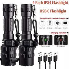 1000 Lumen Tactical Flashlight 4 Pack - IPX7 Waterproof USB C Rechargeable