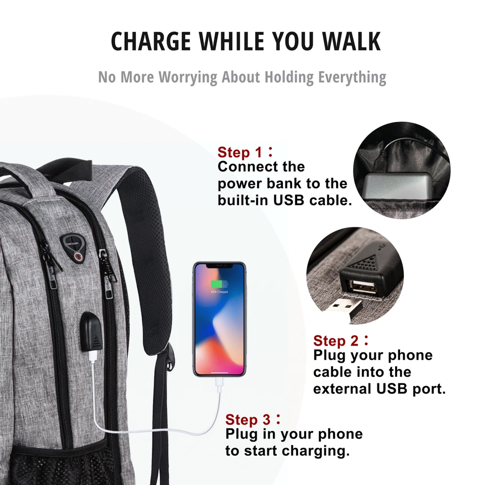 Mochila grande para computadora portátil 40L impermeable mochila de senderismo bolsa escolar bolsa antirrobo Foto 4 de 4