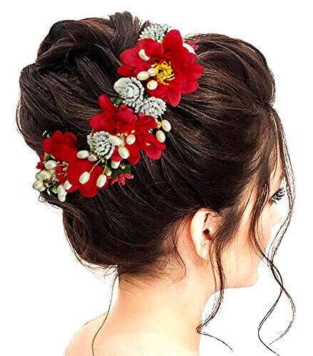 Fancy Artificial Buns Hair Styles Flowers Pin Color Red For All Occasion