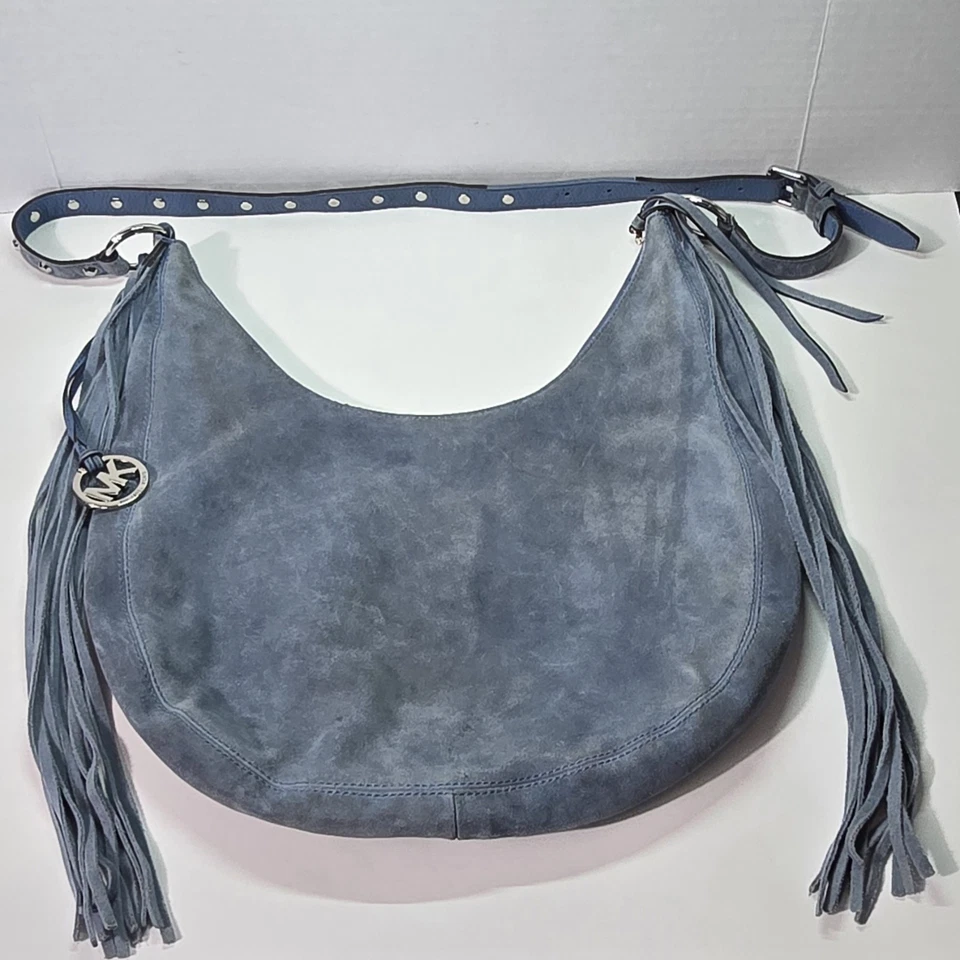 Bolso de hombro holgado Michael Kors grande Rhea envejecido cartera flecos azul gamuza Foto 2 de 4