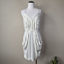BCBGeneration Size S Small White Multi Stripes Draped Pockets Slits Midi Dress