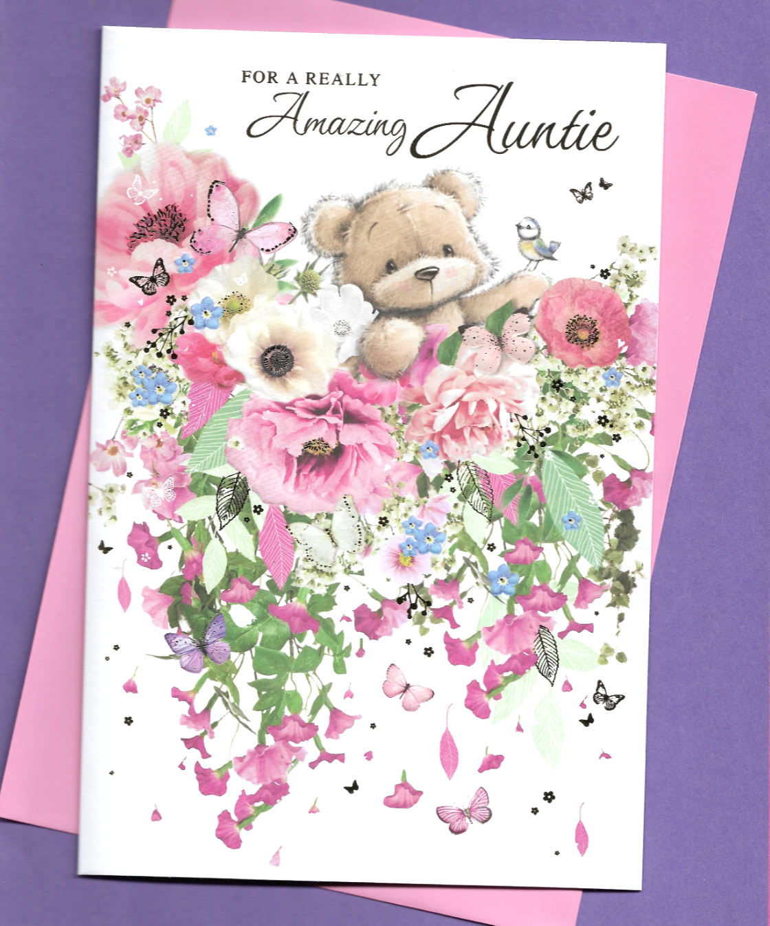 Amazing Auntie Birthday Card 9""x6"" Flowers Floral Balloons Cute Teddy Bear Aunty