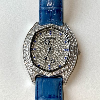 Croton Oval Watch Pavé Crystal CZ Case & Dial Blue Leather 